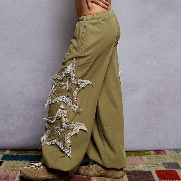 POL Denim Embroidered Stars Boho Patchwork Joggers Pants Women’s Olive Relaxed - Picture 5 of 8